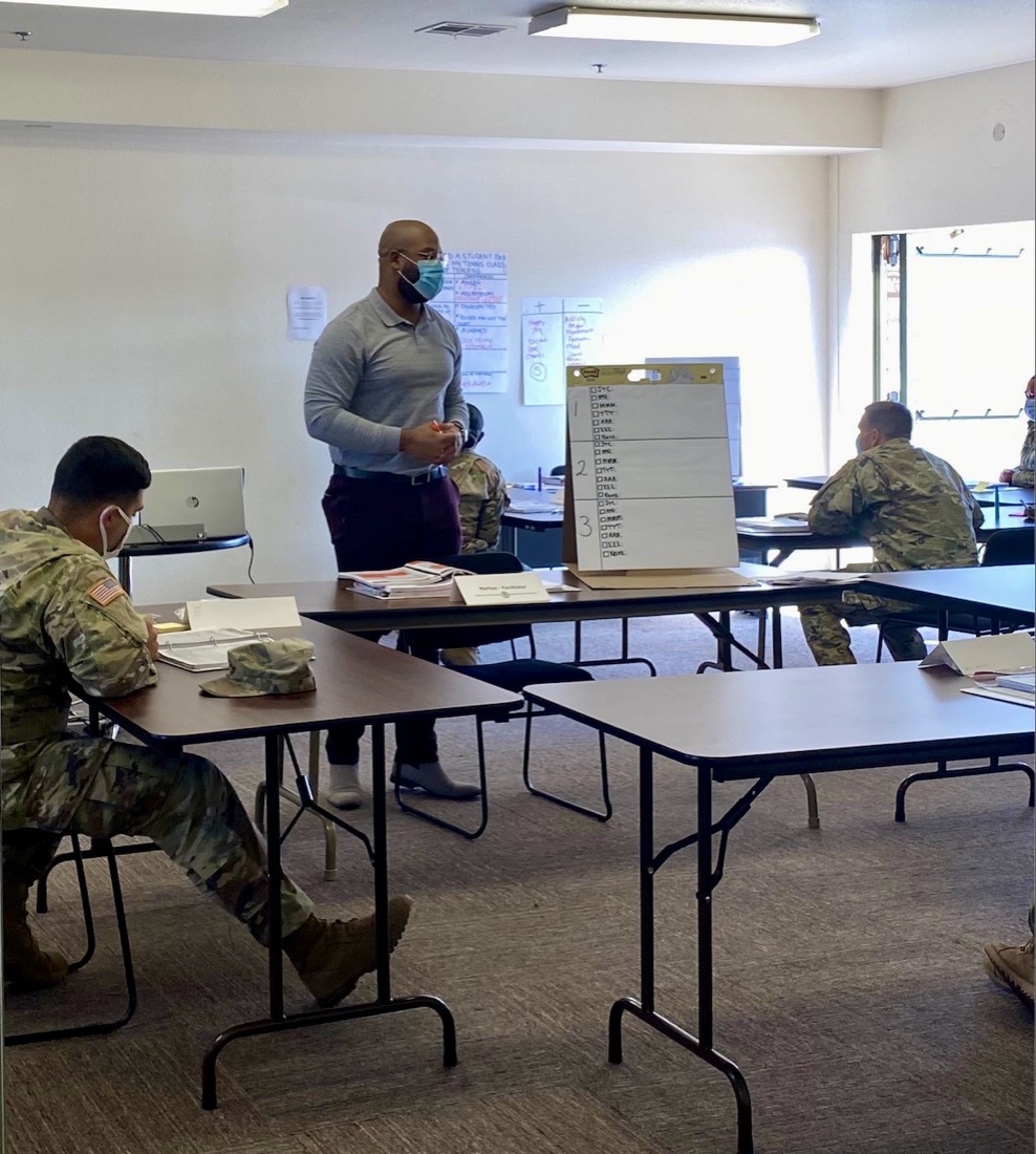 Markus Hawkins leading a Master Resilience Trainer session with soldiers at Fort Bliss, Texas